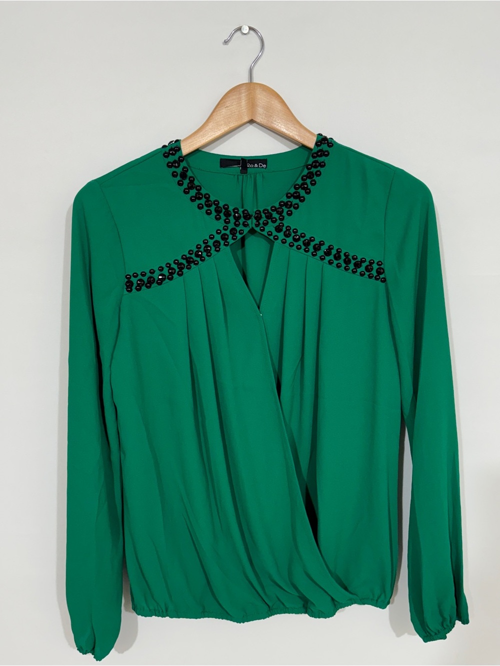 WSH92 {Ro & De} Green Black Rhinestone Embellished Cutout Wrap Front Blouse Top